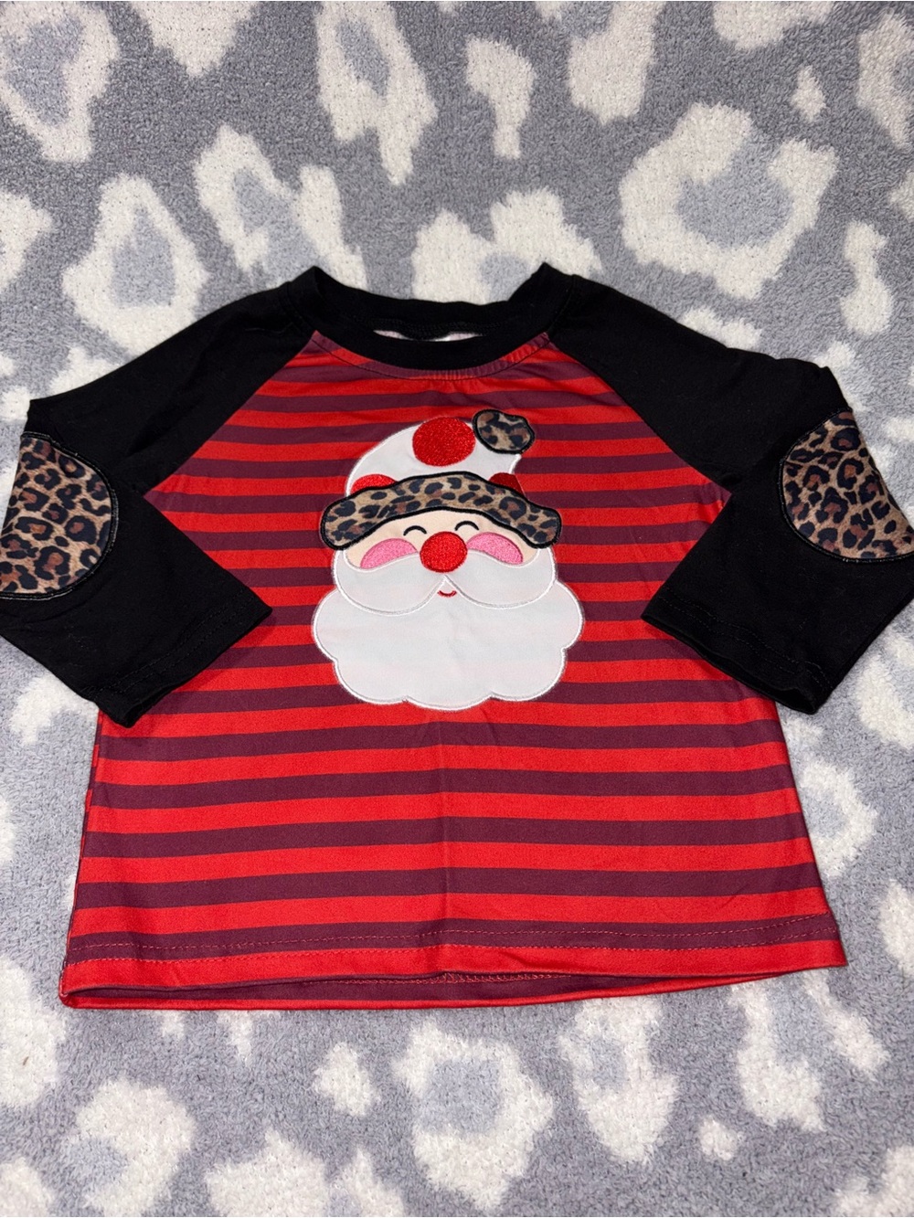 Red Striped Raglan Top with Embroidered Leopard Santa Claus Christmas Themed 12m